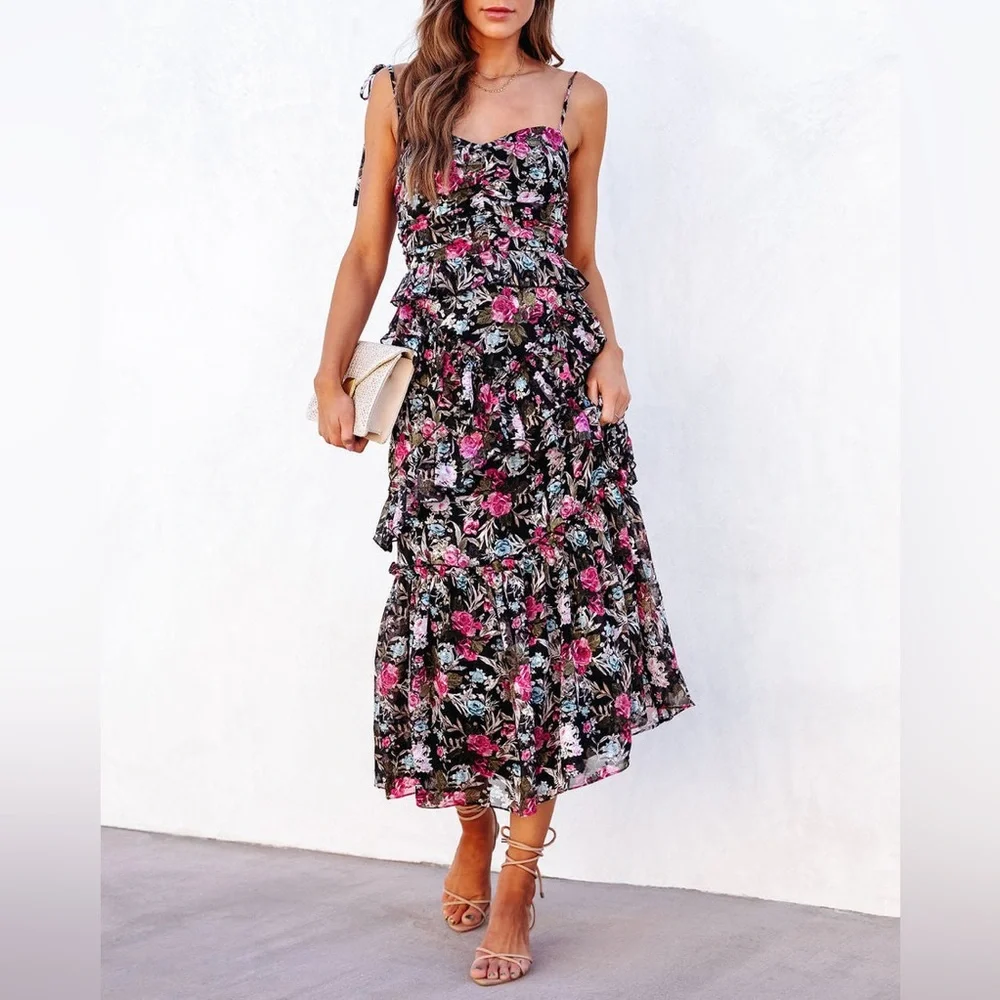 ACOA Black Floral Dress with Ruffles and Layers - Size XL - Picture 5 of 15